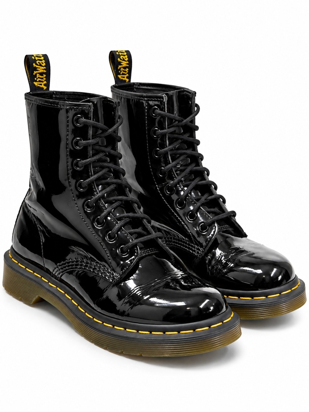 Black Patent Lace-Up Combat Boots with Yellow Stitching - Dr. Martens Style